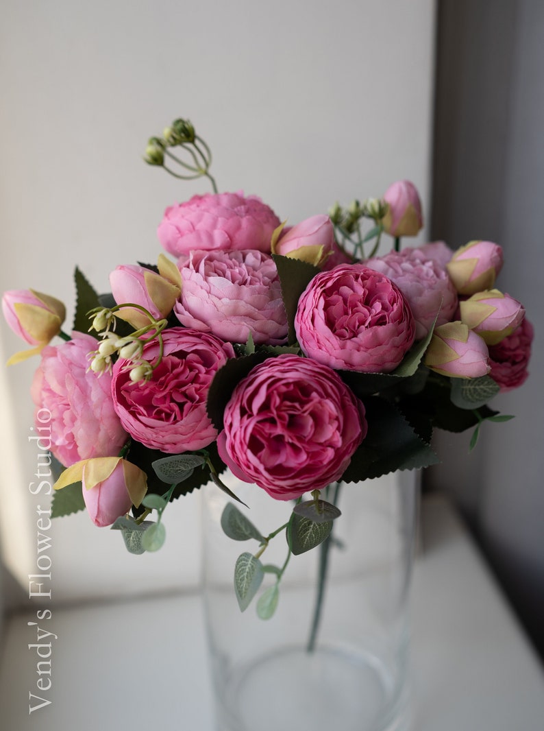 10 bouquets de pivoines séchées à grosse tête Fleur artificielle Décoration de mariage/maison Cadeaux Best-seller multicolore image 1