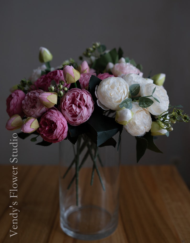 10 bouquets de pivoines séchées à grosse tête Fleur artificielle Décoration de mariage/maison Cadeaux Best-seller multicolore image 8