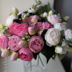 10 bouquets de pivoines séchées à grosse tête Fleur artificielle Décoration de mariage/maison Cadeaux Best-seller multicolore image 5