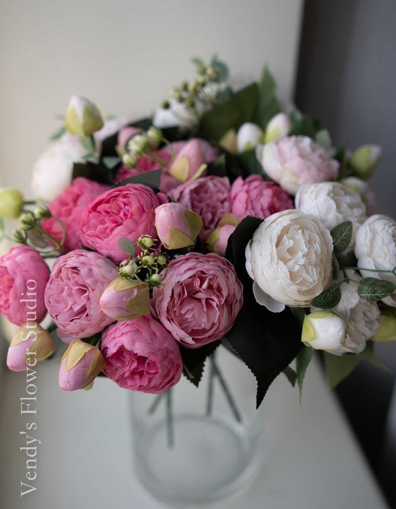 10 bouquets de pivoines séchées à grosse tête Fleur artificielle Décoration de mariage/maison Cadeaux Best-seller multicolore image 5