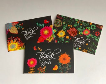 Blank Black ‘Bright Floral Bouquet’ Thank You Printed Cards Set Birthday, Mother's Day, Father's Day, Just Because, Friendship, Anniversary