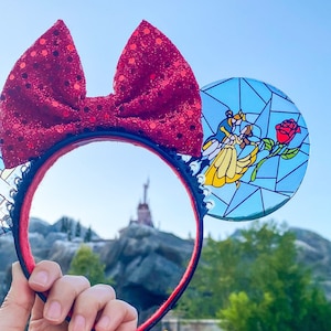 Faux Stained Glass Beauty and the Beast Mouse Ears | Handmade Belle-Inspired Headband for Disney Parks image 2
