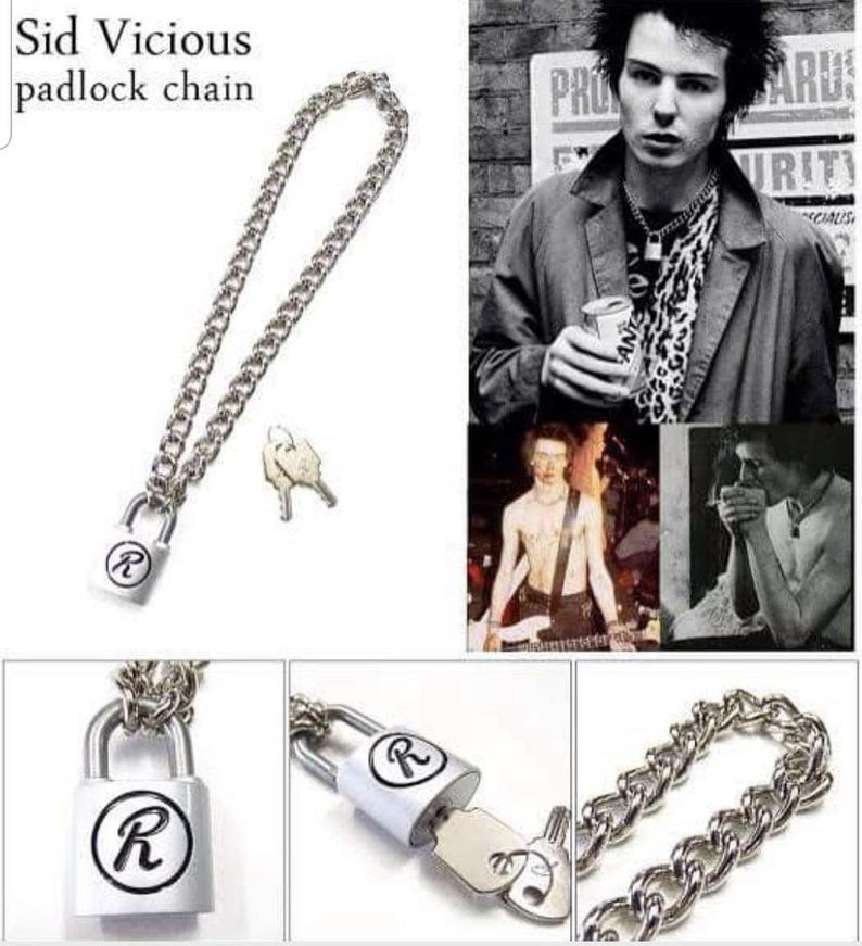 Colar original com corrente e cadeado "R" do Sid Vicious, com 2 chaves e 48 cm de comprimento. imagem 2