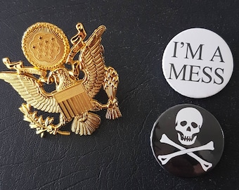 Sex pistols Sid Vicious badge set, 'im a mess', skull & crossbones Ramones eagle