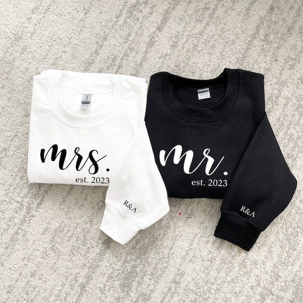 mrs mr matching sweatshirts, newlyweds sweatshirts, bridal shower custom gift, his and her matching sweatshirts