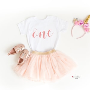 May include: A white t-shirt with the word "one" written in pink script. The shirt is paired with a pink tulle skirt and gold shoes. A unicorn headband with pink flowers is also included.