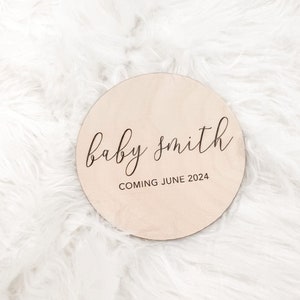 wooden pregnancy round, last name due date pregnancy round, pregnancy announcement disc