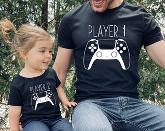 player 1 player 2 matching shirts, gamer t-shirt for dad, dad and mini matching, gaming t-shirt for dad and child