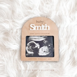 May include: A wooden arch-shaped frame with a white ultrasound image inside. The frame has the text "baby Smith our little rainbow arriving February 2025" and "Little Bugz Collection" at the bottom.