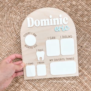 May include: A wooden milestone board with the name "Dominic Eric" in white and light blue. The board has sections for "Today I Am", "I Can", "I Dislike", "I Have", "I Stand", "I Weigh", and "My Favourite Things".