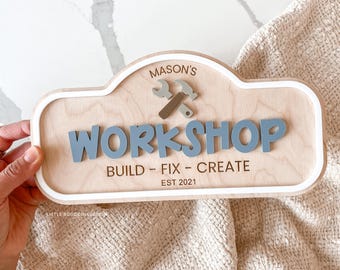 Personalized Workshop Sign for Kids | Pretend Play Garage Decor | Wooden Workshop Sign