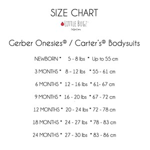 K&ouml;nnte beinhalten: Gr&ouml;&szlig;entabelle f&uuml;r Gerber Onesies und Carter's Bodysuits, die Gr&ouml;&szlig;en von Neugeborenen bis 24 Monate mit den entsprechenden Gewichts- und L&auml;ngenma&szlig;en in Pfund und Zentimetern zeigt.