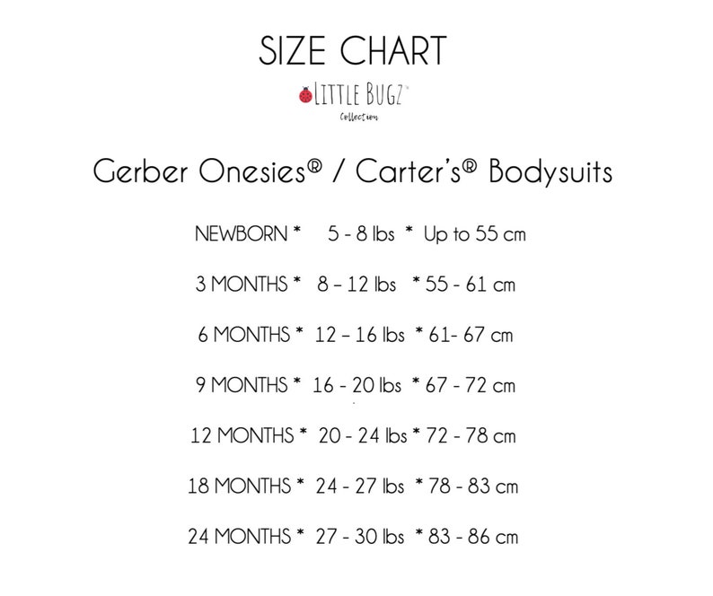 K&ouml;nnte beinhalten: Gr&ouml;&szlig;entabelle f&uuml;r Gerber Onesies und Carter's Bodysuits, die Gr&ouml;&szlig;en von Neugeborenen bis 24 Monate mit den entsprechenden Gewichts- und L&auml;ngenma&szlig;en in Pfund und Zentimetern zeigt.
