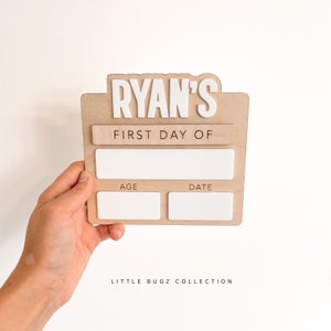 K&ouml;nnte beinhalten: Ein Holzschild mit dem Namen "Ryan's" in wei&szlig;en Buchstaben. Das Schild tr&auml;gt au&szlig;erdem die Aufschrift "First Day Of" und hat leere Felder f&uuml;r Alter und Datum. Das Schild wird in einer Hand gehalten.