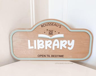Letrero de madera personalizado para biblioteca infantil / Letrero personalizado para rincón de lectura / Letreros para juegos de imitación en la sala de juegos infantiles