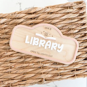 Custom Kids Library Wooden Sign | Personalized Book Corner Sign | Playroom Decor Kids Pretend Play Signs