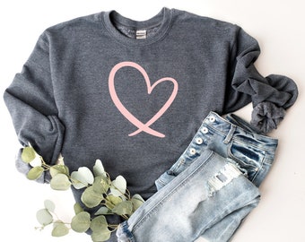 sweatshirt with pink heart, crew neck sweater with heart, cute heart sweater, gift for mom, gift for girlfriend, Valentine's Day gift