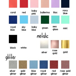 K&ouml;nnte beinhalten: Eine Tabelle mit verschiedenen Vinylfarben f&uuml;r Bastelprojekte. Die Farben sind in drei Kategorien unterteilt: einfarbig, metallic und Glitzer. Die einfarbigen Farben umfassen Koralle, Rot, Babyrosa, Ballerina, Lila, Marineblau, K&ouml;nigsblau, Himmelblau, Babyblau, Gr&uuml;n, Meerwasser, Minze, Schwarz und Wei&szlig;. Die Metallic-Farben umfassen Silber, Ros&eacute;gold und Gold. Die Glitzerfarben umfassen Silberglitter, Goldglitter, Blauglitter, K&ouml;nigsblauglitter, Rotglitter, Ros&eacute;goldglitter und Pinkglitter.