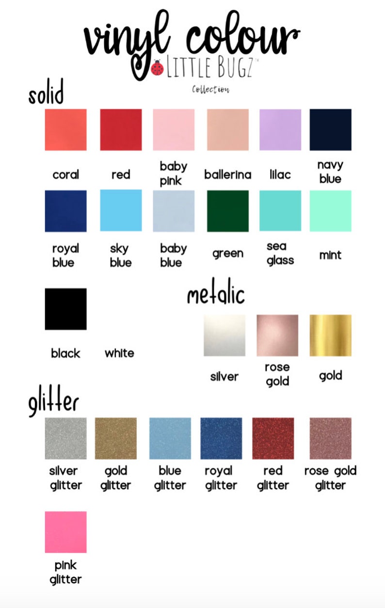 K&ouml;nnte beinhalten: Eine Tabelle mit verschiedenen Vinylfarben f&uuml;r Bastelprojekte. Die Farben sind in drei Kategorien unterteilt: einfarbig, metallic und Glitzer. Die einfarbigen Farben umfassen Koralle, Rot, Babyrosa, Ballerina, Lila, Marineblau, K&ouml;nigsblau, Himmelblau, Babyblau, Gr&uuml;n, Meerwasser, Minze, Schwarz und Wei&szlig;. Die Metallic-Farben umfassen Silber, Ros&eacute;gold und Gold. Die Glitzerfarben umfassen Silberglitter, Goldglitter, Blauglitter, K&ouml;nigsblauglitter, Rotglitter, Ros&eacute;goldglitter und Pinkglitter.