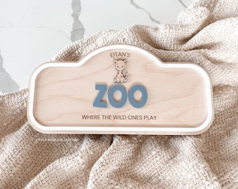 Personalized Zoo Sign for Kids | Pretend Play Zoo Decor | Custom Name Kids Room Sign | Wooden Zoo Playroom Sign