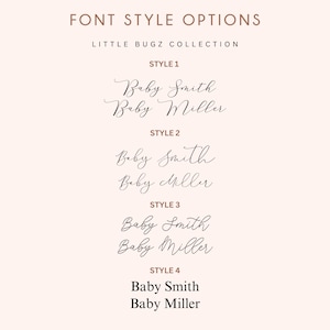 May include: Four different font styles for the names "Baby Smith" and "Baby Miller" are shown. The font styles are labeled "Style 1", "Style 2", "Style 3", and "Style 4".