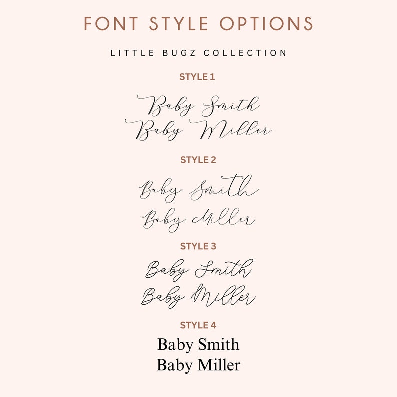 May include: Four different font styles for the names "Baby Smith" and "Baby Miller" are shown. The font styles are labeled "Style 1", "Style 2", "Style 3", and "Style 4".
