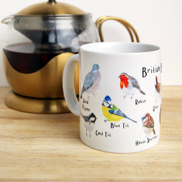 British Birds Mug, Garden Birds Mug, British Wildlife Mug, Bird Gift, Birds Watching, Twitcher Gift, Illustrated Mug, Mug & Coaster Bundle