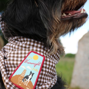 May include: A brown and white checked bandana with a red, white and blue embroidered patch. The patch features a dog, a mountain, and the text "214 Wainwright Falls".