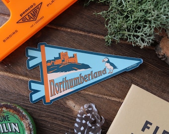 Northumberland Pennant Sticker | Northumberland Castle Vinyl Decal | Puffin Sticker | UK Coastal Gift | Waterproof Laptop Sticker