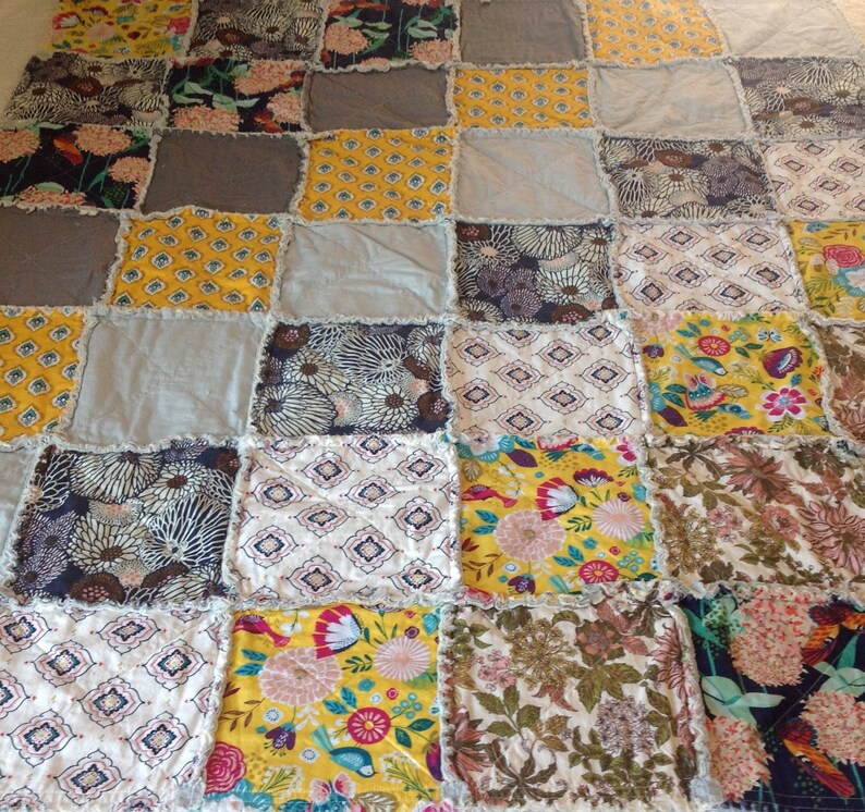 Bohemian Rag Quilt Rag Quilt snuggle blanket BohemianBlanket All Cotton Quilt Throw Size Rag Quilt Yellow Rag Quilt Gray Rag Quilt