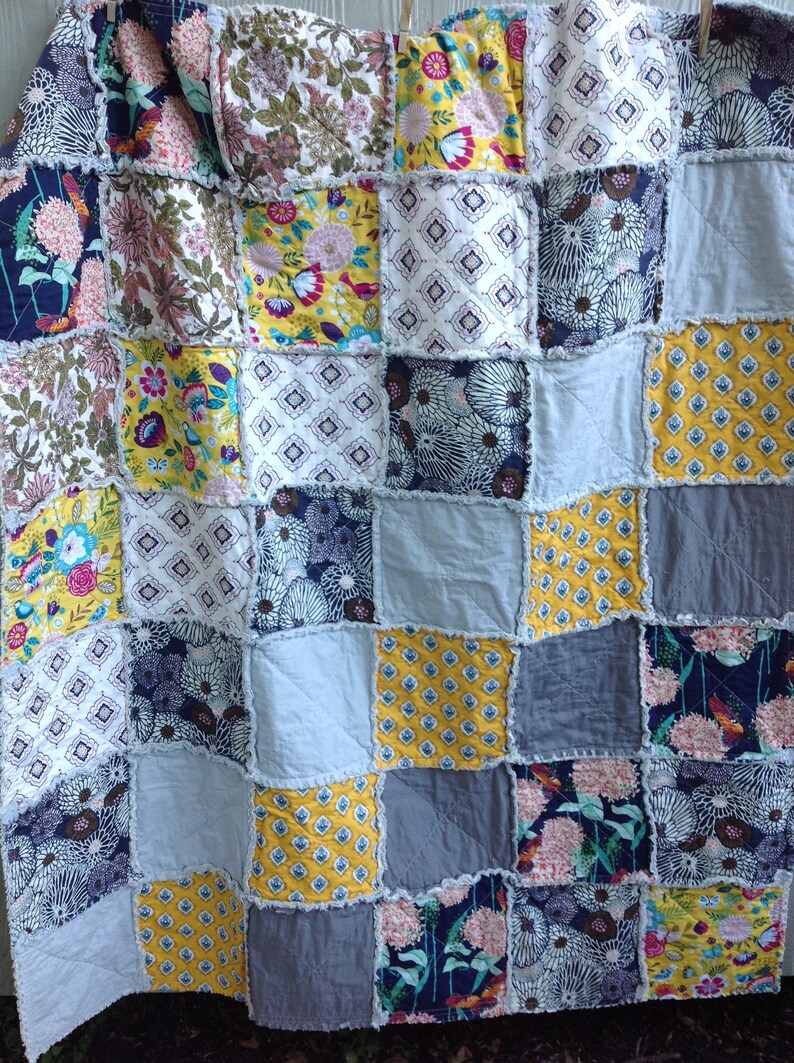 Bohemian Rag Quilt Rag Quilt snuggle blanket BohemianBlanket All Cotton Quilt Throw Size Rag Quilt Yellow Rag Quilt Gray Rag Quilt