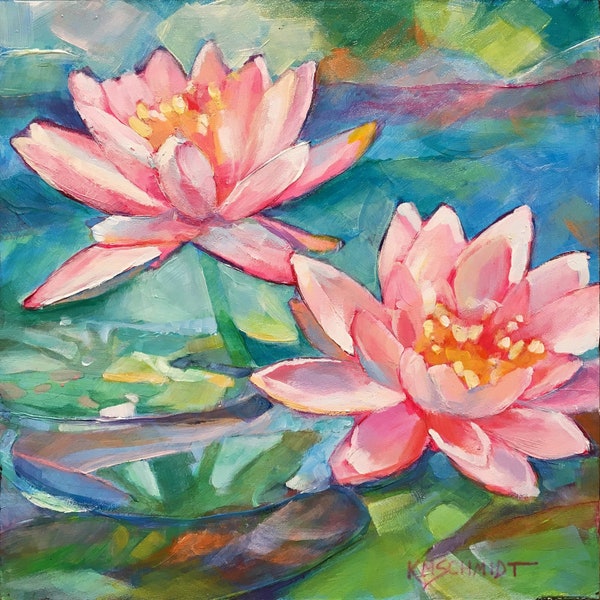 Pink Water Lilies • original painting by Karen Mathison Schmidt • 8x8 in. acrylic on Gessobord • floral wall home decor