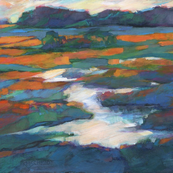 Contemplation • original painting by Karen Mathison Schmidt • impressionist Georgia landscape art • peaceful wetlands stream sunrise sunset
