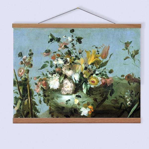 Wild Flower Canvas Hanging and Oak Art Frame, Floral Canvas Print and Wooden Hanger Art Frame, Dutch Painting for Your Lounge, Vintage Art