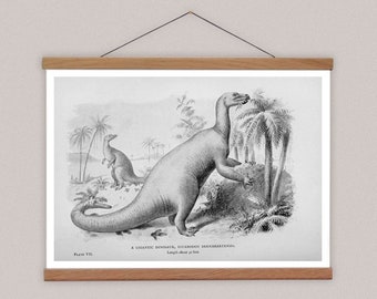 Vintage Iguanodon Dinosaur Print, Oak Wood Hanger, Nursery Wall Art