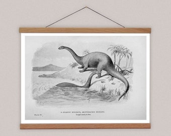 Vintage Brontosaurus Print with Wooden Hanger, Dinosaur Nursery Art