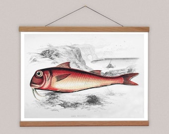 Fishing Gift Idea, Vintage Fishing Poster, Cottage Style Decor, Wooden Hanger and Fish Canvas Print, Office Wall Hanging and Poster Hanger