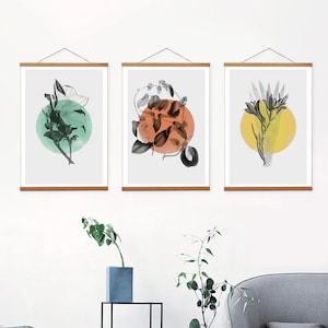 Set of 3 Wooden Hangers and Botanical Canvas Prints,  Floral Prints on Canvas with Oak Wooden Hangers, Set of 3 Canvas Prints and Frames