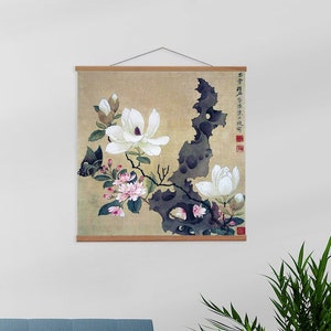 Boho Leinwandbehang und Eiche Kunstrahmen, japanischer floraler Leinwanddruck und Holzaufhänger, Floraler Aufhänger, Leinwand Wandkunst für Ihre Lounge