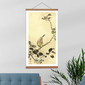 Japanese Canvas Print and Wooden Hanger Art Frame, Japanese Vintage Print, Wooden Hanger and Canvas Hanging, Bohemian Canvas Hanging