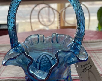 Fenton Basket in Blue Carnival Glass