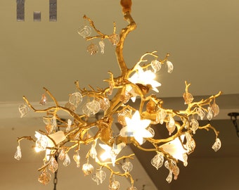 Branchs Brass Chandelier Lighting|Kitchen Island Light|Luxury Bar Restaurant Chandelier|Villa Living Room Chandelier|Handmade Art Glass