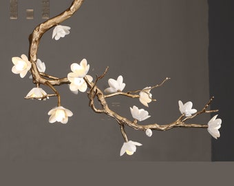 Brass Branch Chandelier: Handmade Ceramic Lampshades, Dining Room Lighting