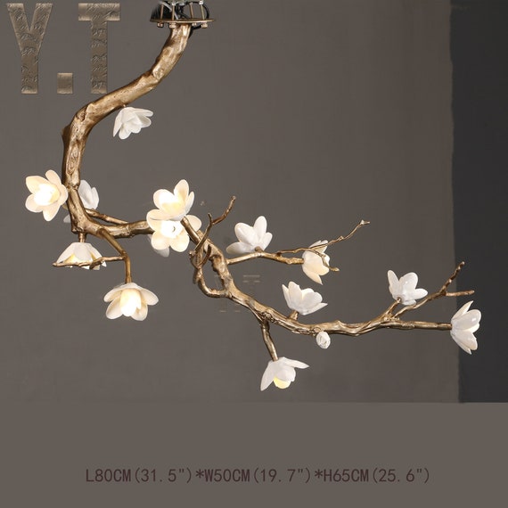 Brass Branch Chandelier: Handmade Ceramic Lampshades, Dining Room Lighting