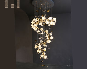 Brass Branch Chandelier: Handmade Glass Flower Dining Room Lighting