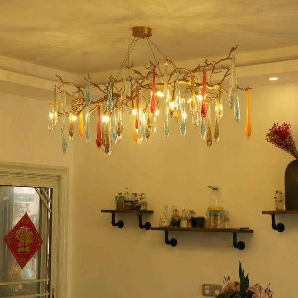 Stained Glass Chandelier | Hanging Light | Glass Art Chandelier | Brass Pendant Light | Modern Farmhouse Lighting | Branch Chandelier
