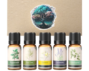 Calmer Lösungen - Anfänger Ätherische Öle Geschenk Set - 5 x 10ml - Starter Kit - Pfefferminze, Teebaum, Zitrone, Lavendel, Eukalyptus