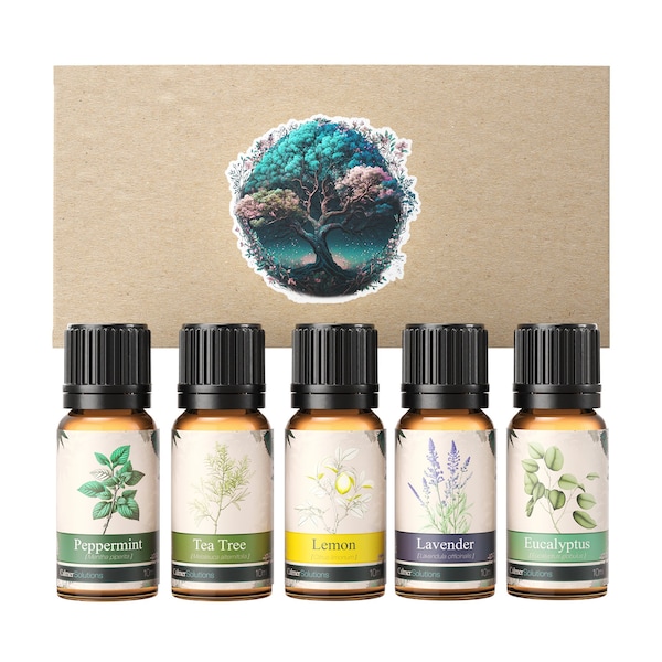 Calmer Solutions - Beginner Essential Oils Gift Set - 5 x 10ml  - Starter Kit - Peppermint, Tea Tree, Lemon, Lavender, Eucalyptus