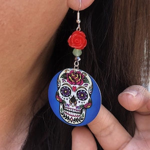 Sugar skull round Dangle Earrings with a red rose bead. A Unique gift idea