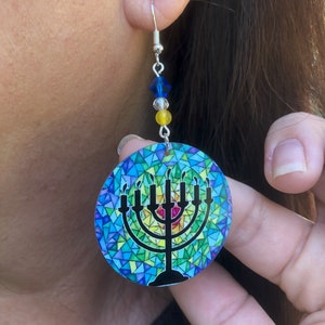 7 candle menora round Dangle Earrings with glass beads. A Unique gift idea for Chanukkah
